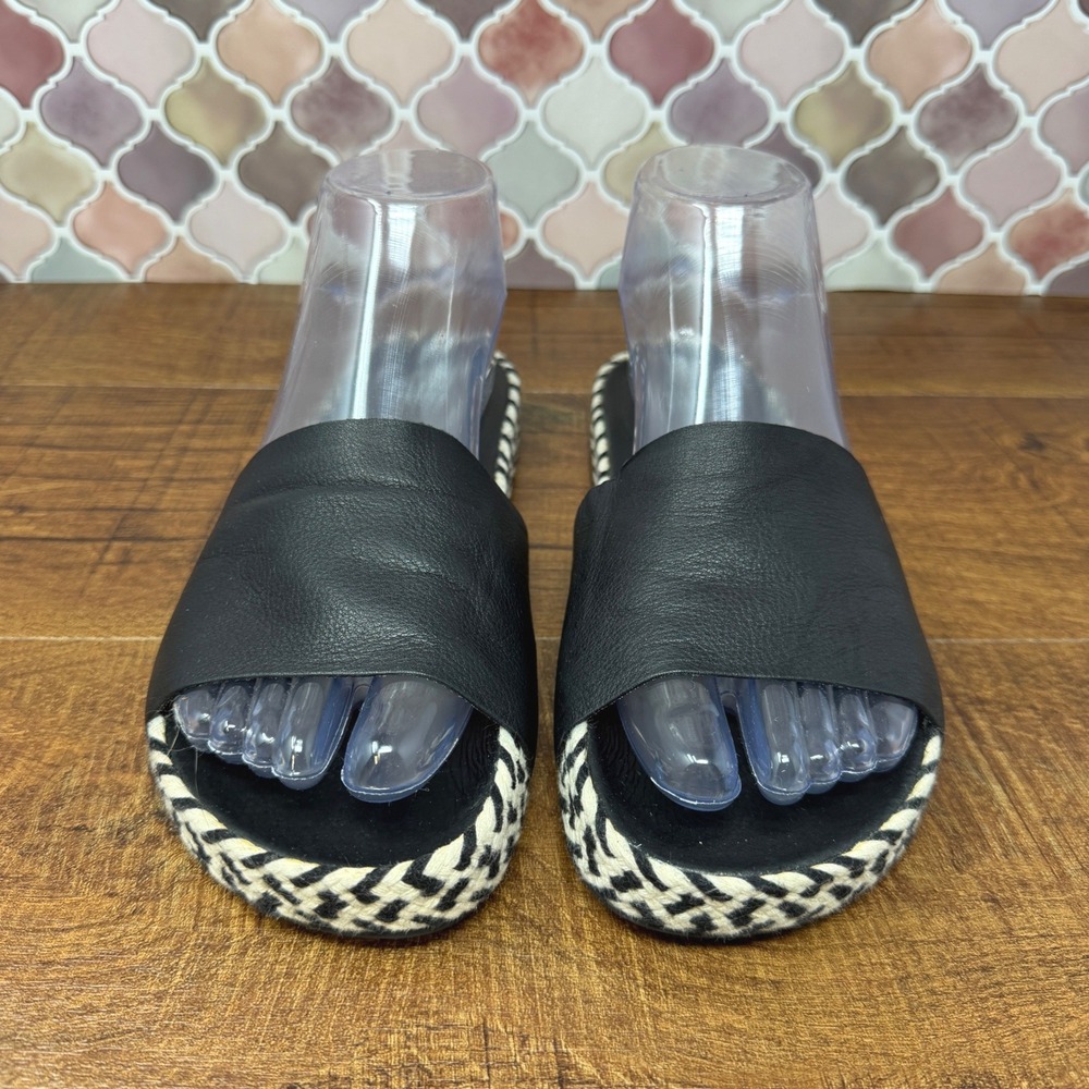 Eileen Fisher Pear Black Leather Chevron Woven Espadrille Slide Sandals 7 - Picture 2 of 15